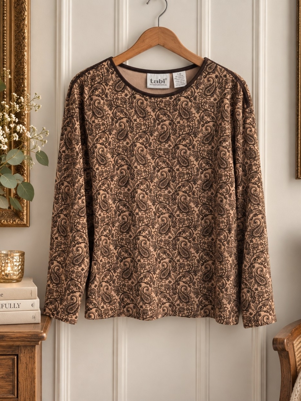 Vintage Tabi International Velour Paisley Top L Brown Tan